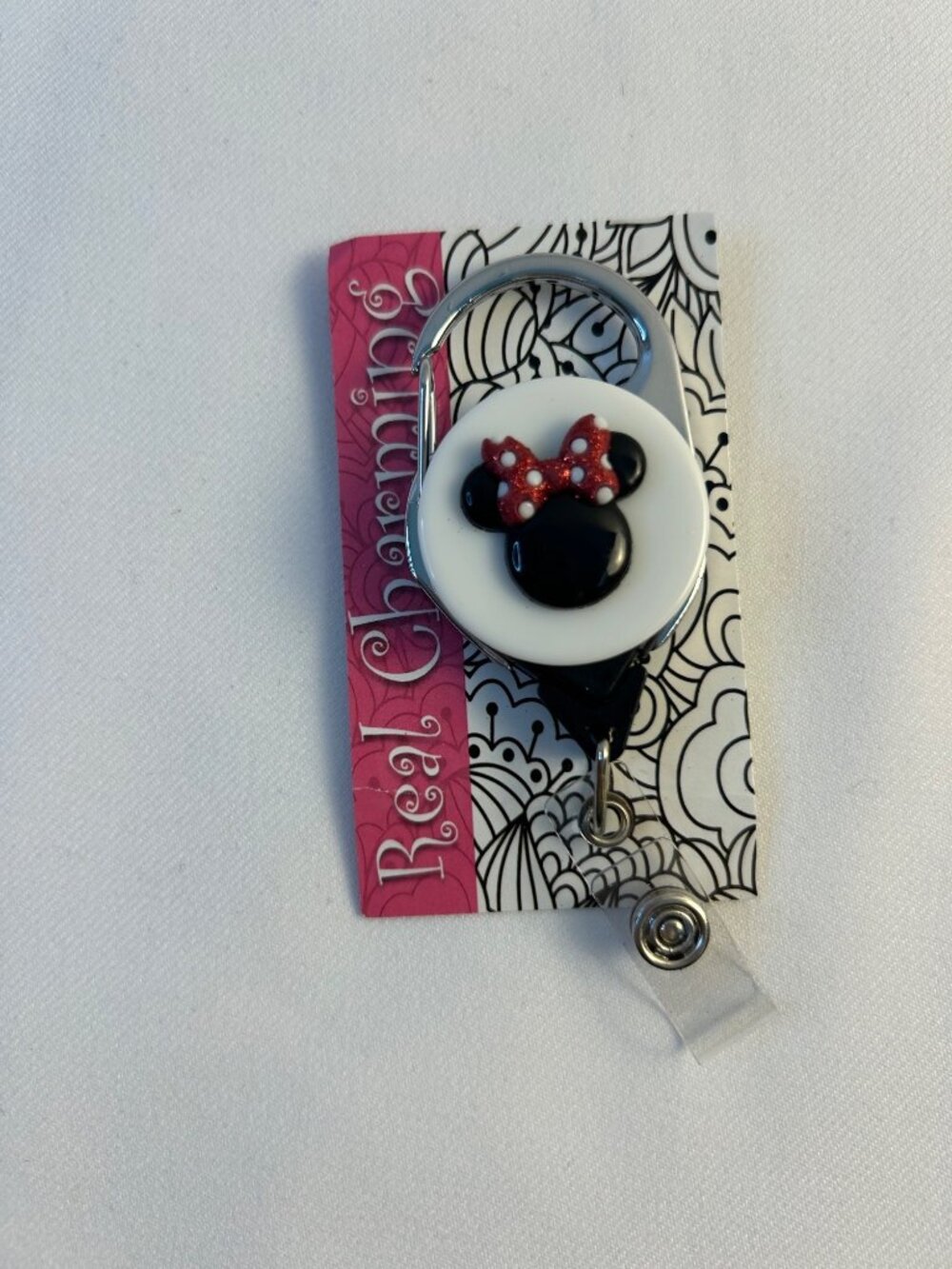 Disney Minnie Mouse Badge Reel Holder W/ Clip & Snap Charm *NEW*